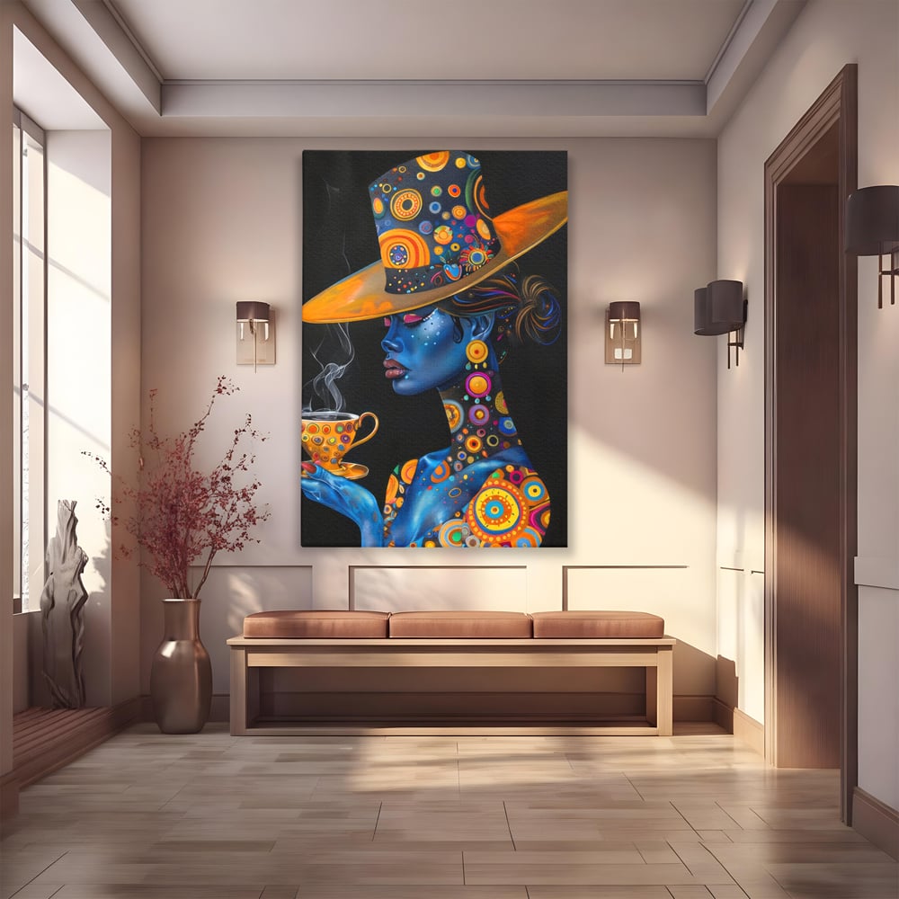 Tablou canvas cu tablou canvas cu portretul unei femei albastre, fara rama, pe sasiu de lemn